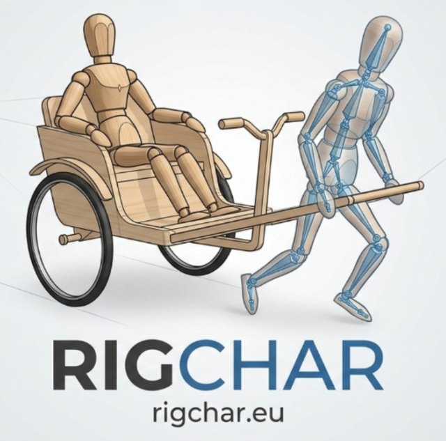 RigChar – Holzfigur in einer Rikscha, gezogen von einer geriggten Figur